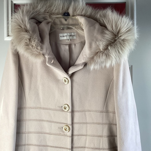 Albert Nipon Beige/Cream Hooded Trench Lambswool Coat with Fox fur  vintage , - Picture 2 of 6